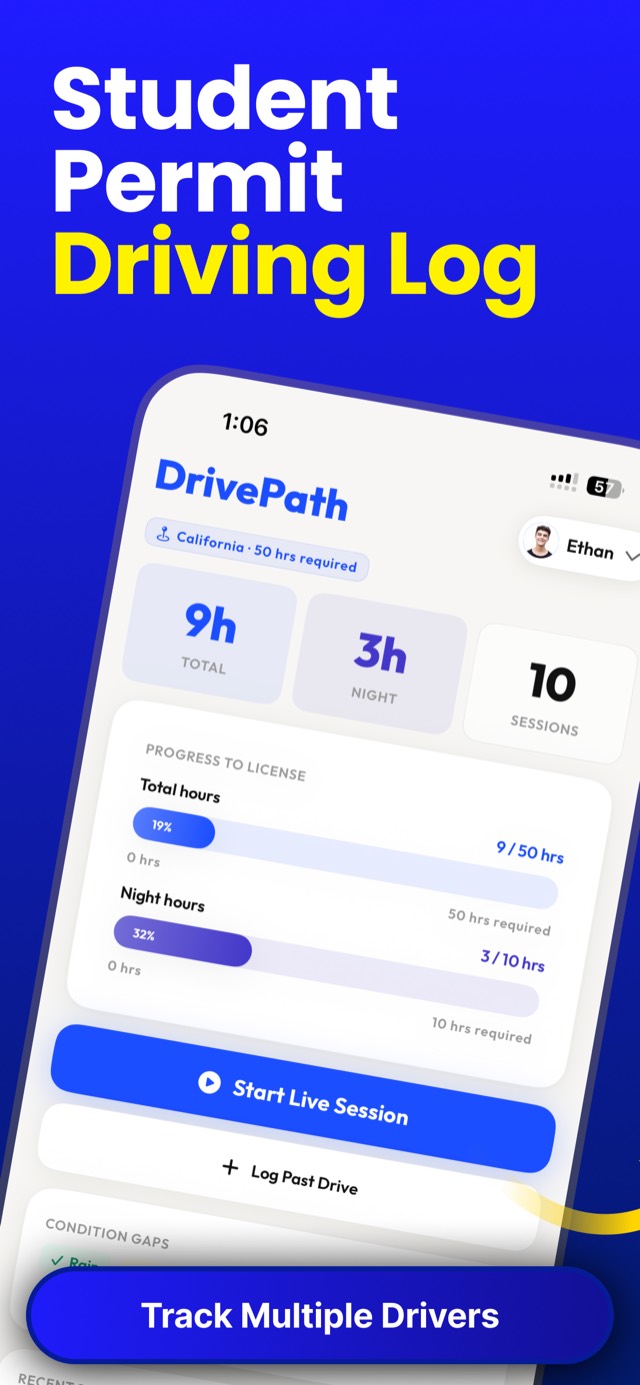 DrivePath dashboard showing progress toward a 50 hour driving requirement with separate night hours bar