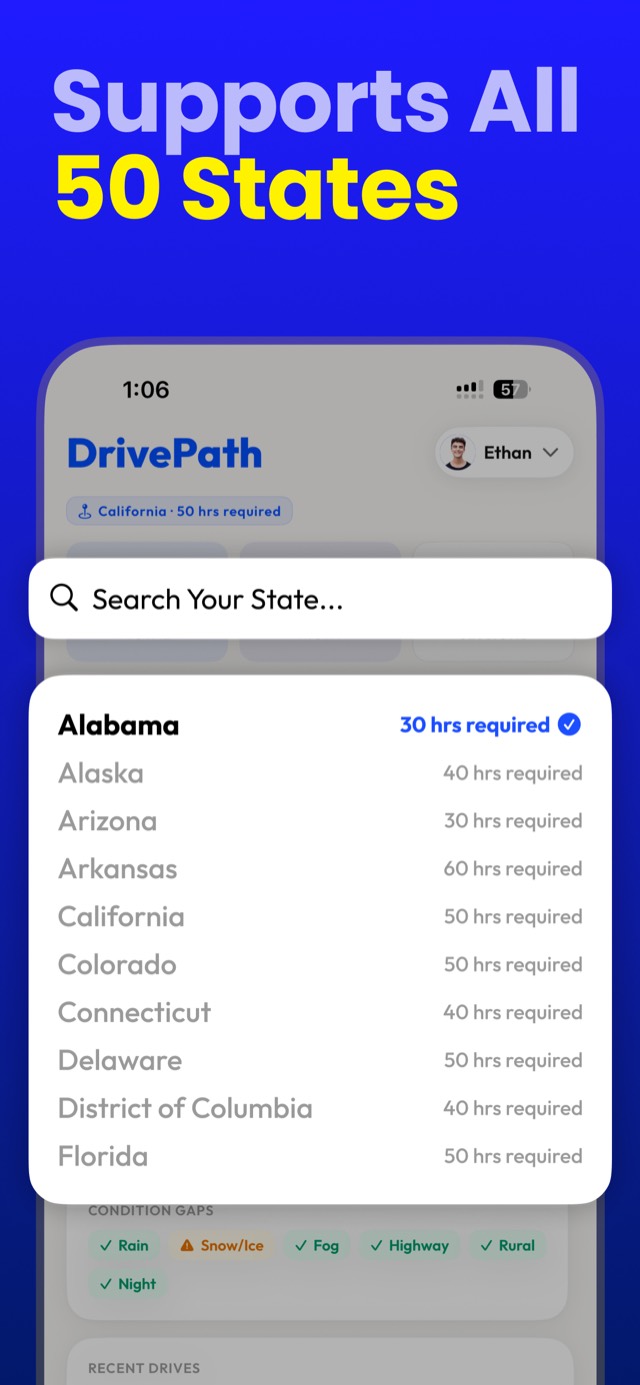 DrivePath state picker showing required supervised driving hours for all 50 states