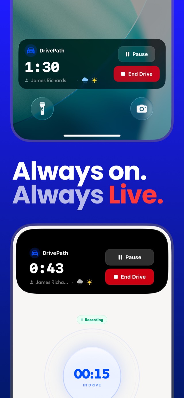 DrivePath live driving session timer running on the iPhone lock screen during a night drive