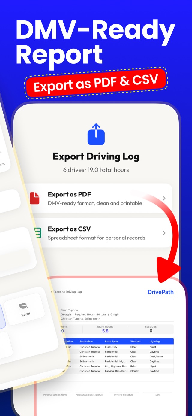 DrivePath export screen producing a DMV-ready driving log PDF and CSV